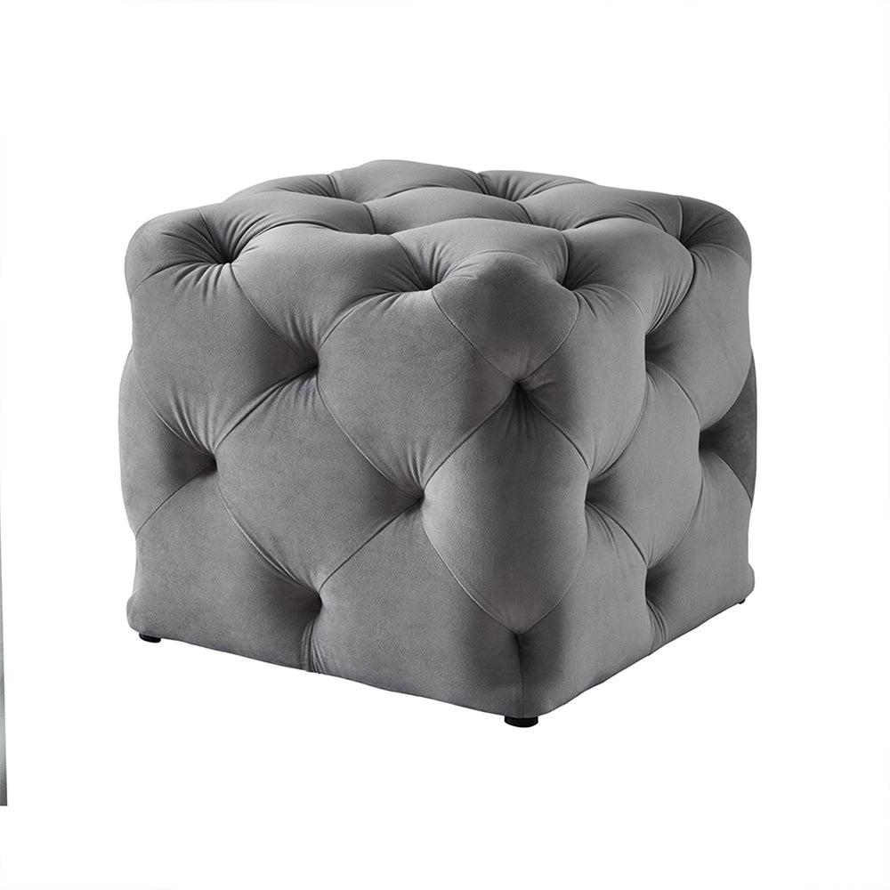 Plush Grey Velvet Tufted Pouf
