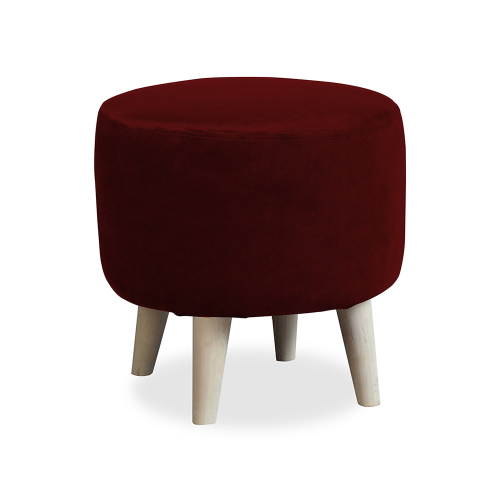 Urban Maroon Velvet Round Wooden Ottoman