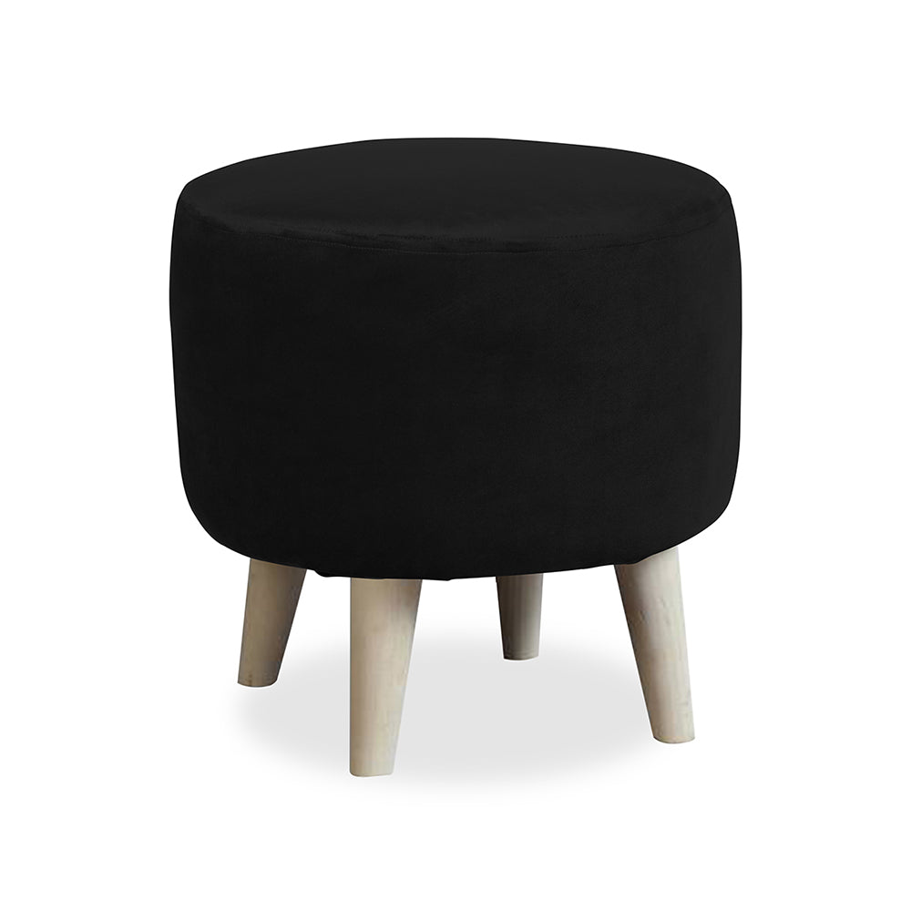 Urban Black Velvet Round Wooden Ottoman
