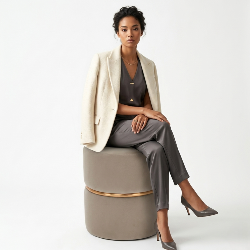 Aura Beige Velvet Round Pouf