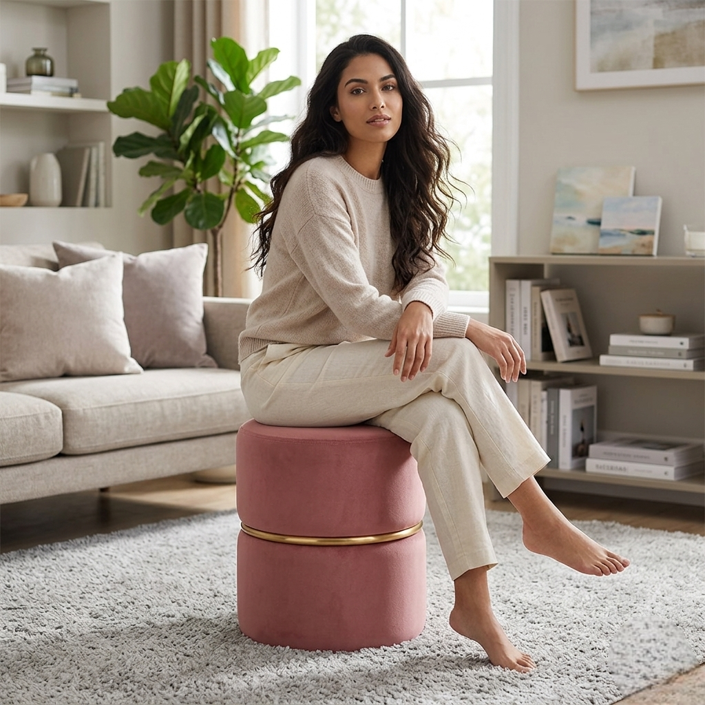 Aura Pink Velvet Round Pouf