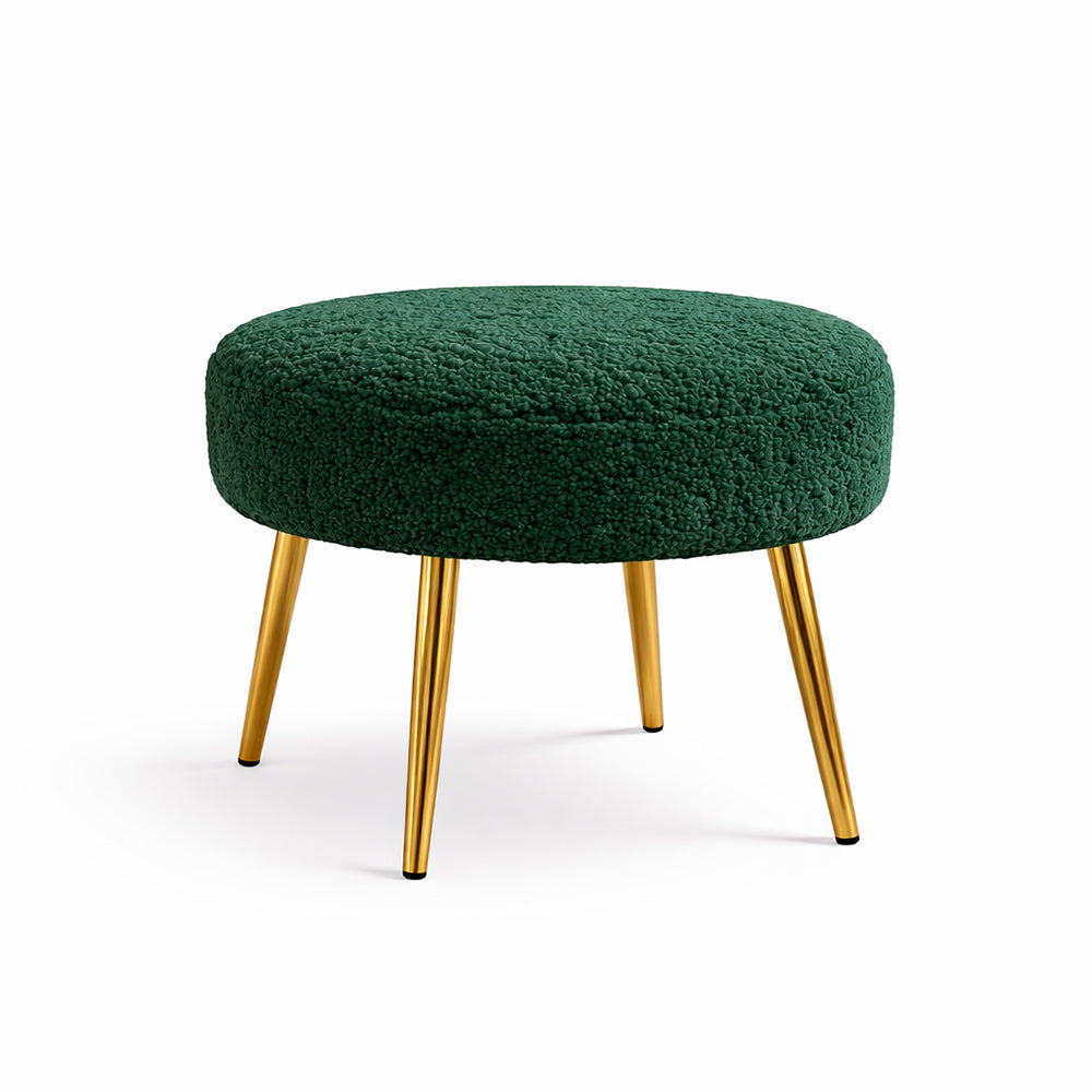 Luna Green Bouclé Round Wooden Ottoman