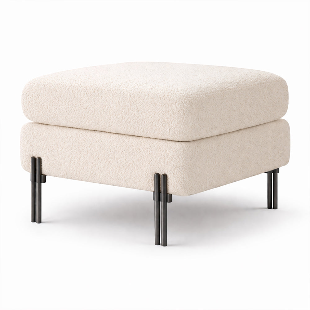 Vertex White Bouclé Wooden Ottoman