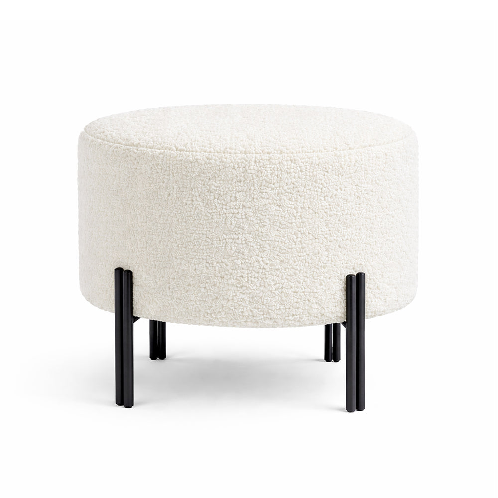 Elite White Bouclé Round Wooden Ottoman