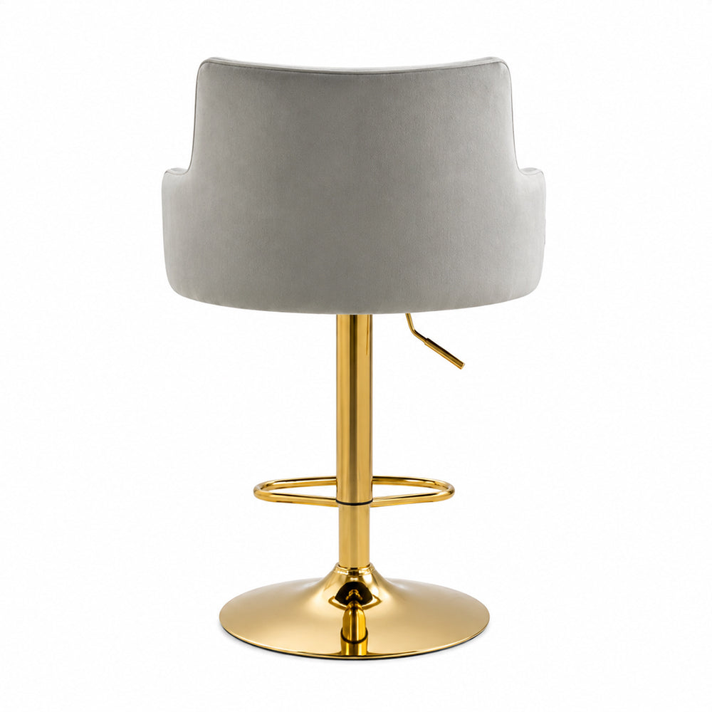 Solven Grey Velvet Adjustable Swivel Bar Stool with Gold Hydraulic Pedestal Base
