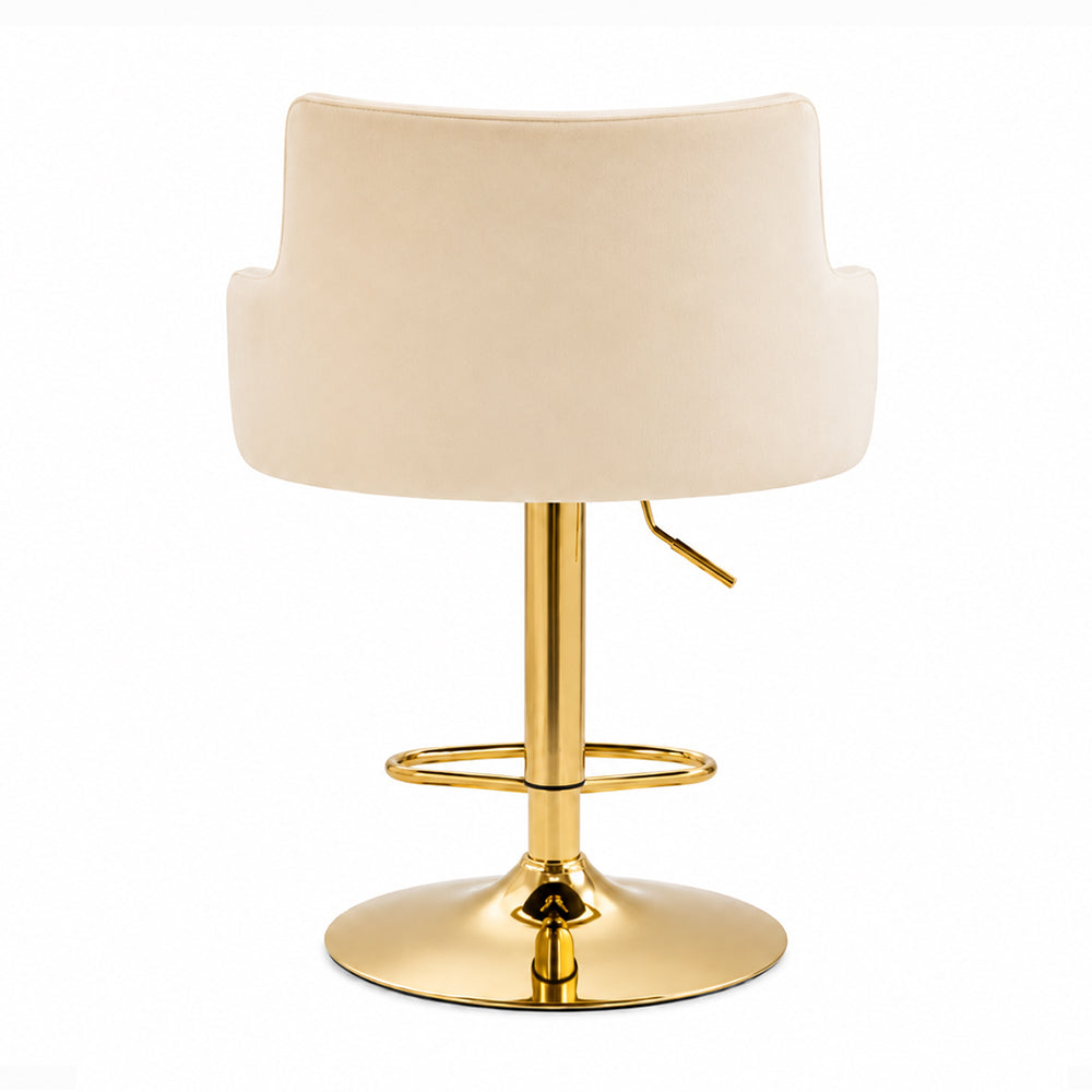 Solven Beige Velvet Adjustable Swivel Bar Stool with Gold Hydraulic Pedestal Base