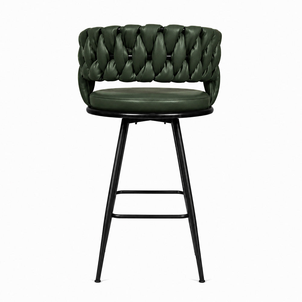 Presley Green Braided Faux Leather Bar Stool with Black Metal Legs