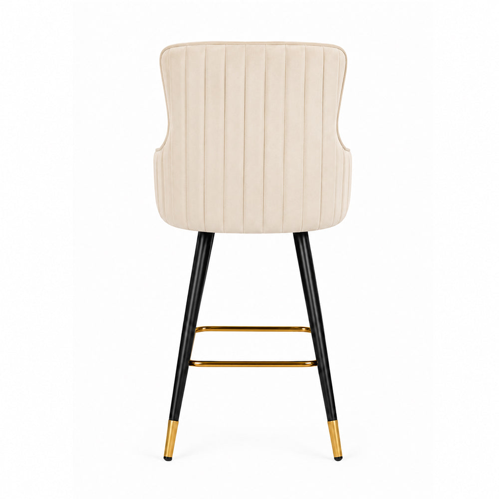 Nolen Beige Upholstered Counter Height Bar Stool with Black Metal Legs & Gold Accents