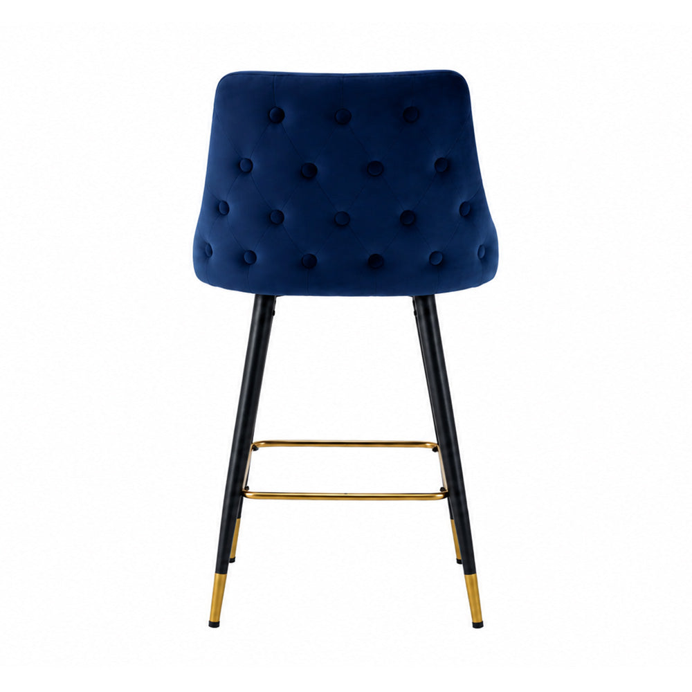 Evora Blue Upholstered Counter Height Bar Stool with Black Metal Legs & Gold Accents
