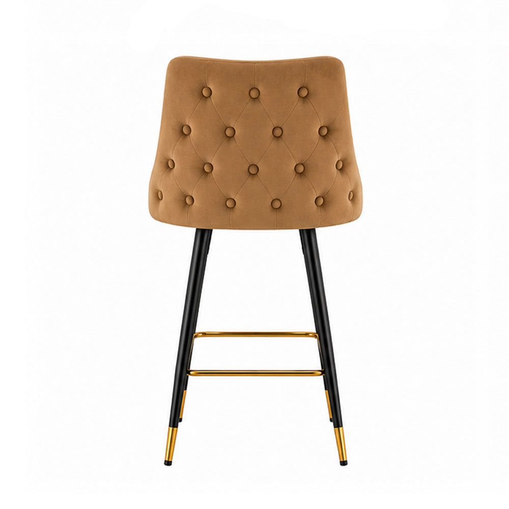 Evora Tan Upholstered Counter Height Bar Stool with Black Metal Legs & Gold Accents