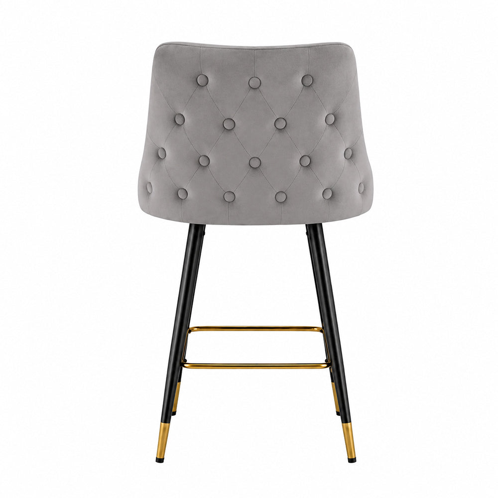 Evora Grey Upholstered Counter Height Bar Stool with Black Metal Legs & Gold Accents