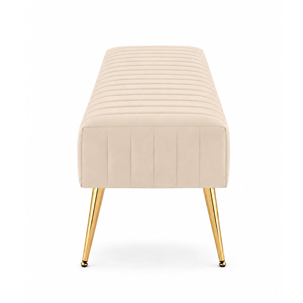Beige Upholstered Bench with Channel Stitching & Gold Legs