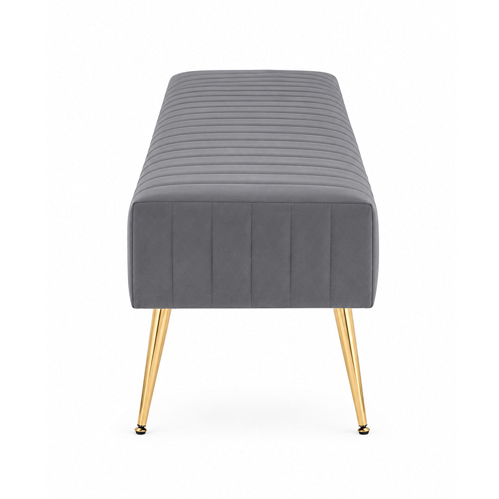 Grey Upholstered Bench with Channel Stitching & Gold Legs