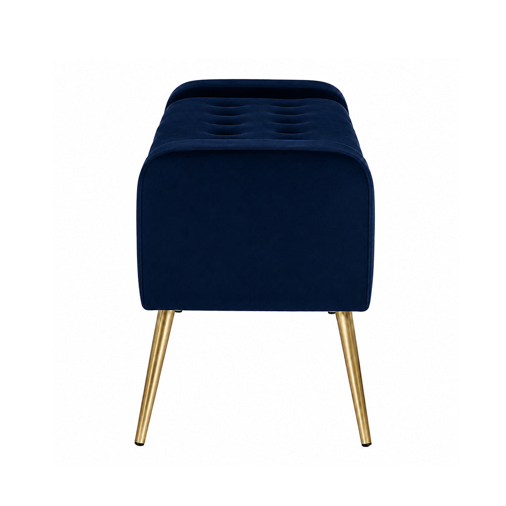 Blue Upholstered Storage Bench with Gold Legs