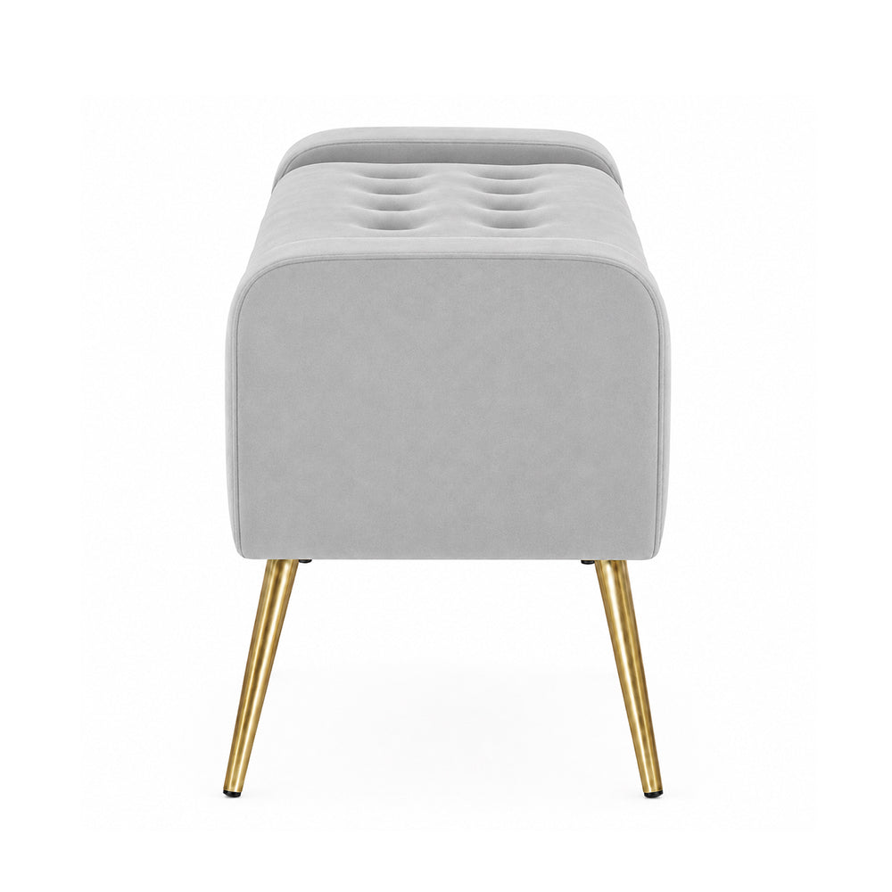 Grey Upholstered Storage Bench with Gold Legs