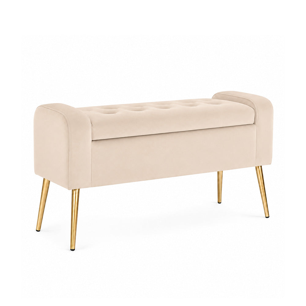 Beige Upholstered Storage Bench with Gold Legs