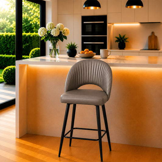 Vellor Grey Faux Leather Counter Height Bar Stool with Black Metal Legs