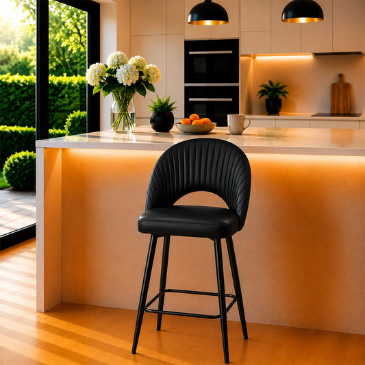Vellor Black Faux Leather Counter Height Bar Stool with Black Metal Legs