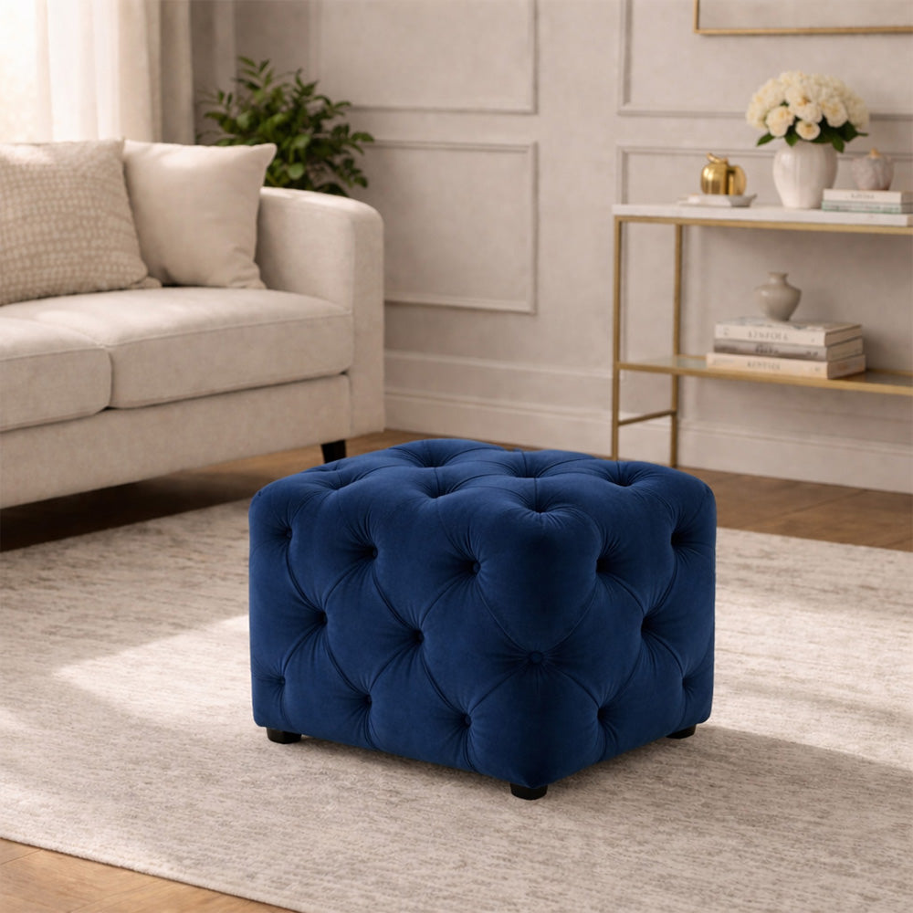 Plush Navy Blue Velvet Tufted Pouf