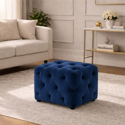 Plush Navy Blue Velvet Tufted Pouf