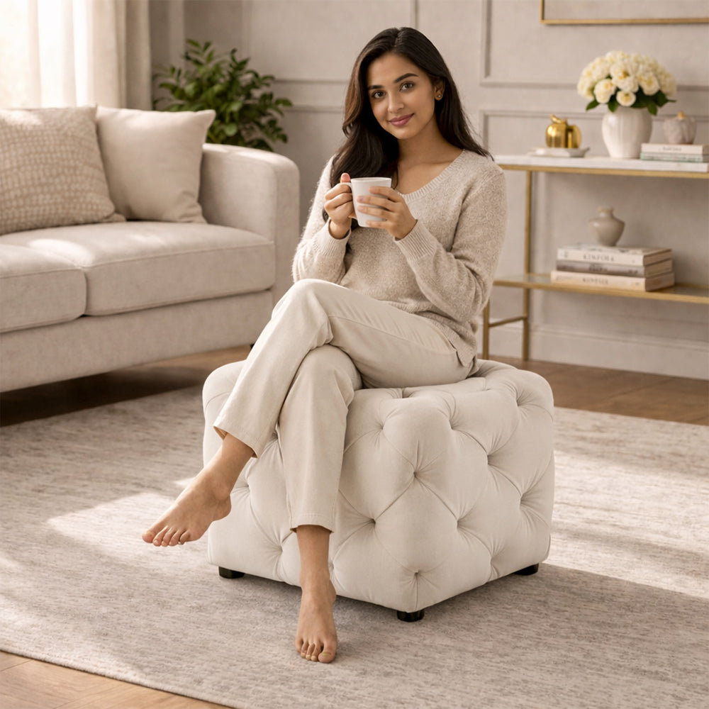 Plush White Velvet Tufted Pouf