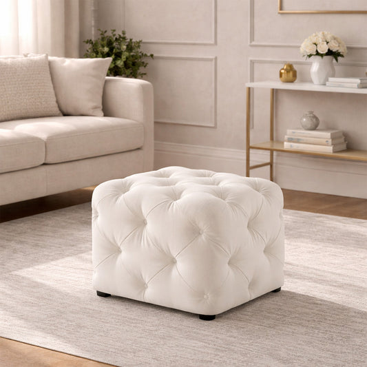 Plush White Velvet Tufted Pouf