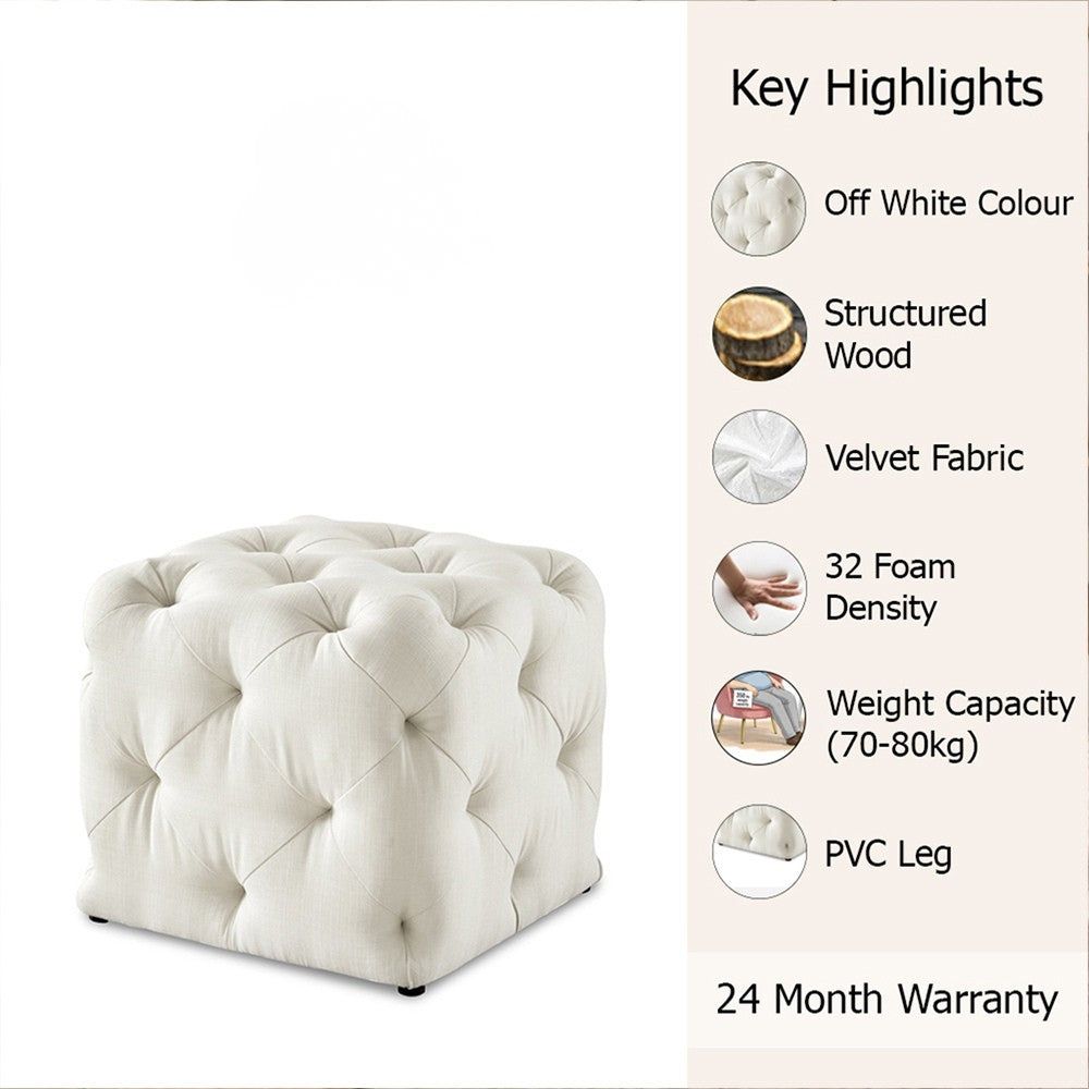 Plush White Velvet Tufted Pouf