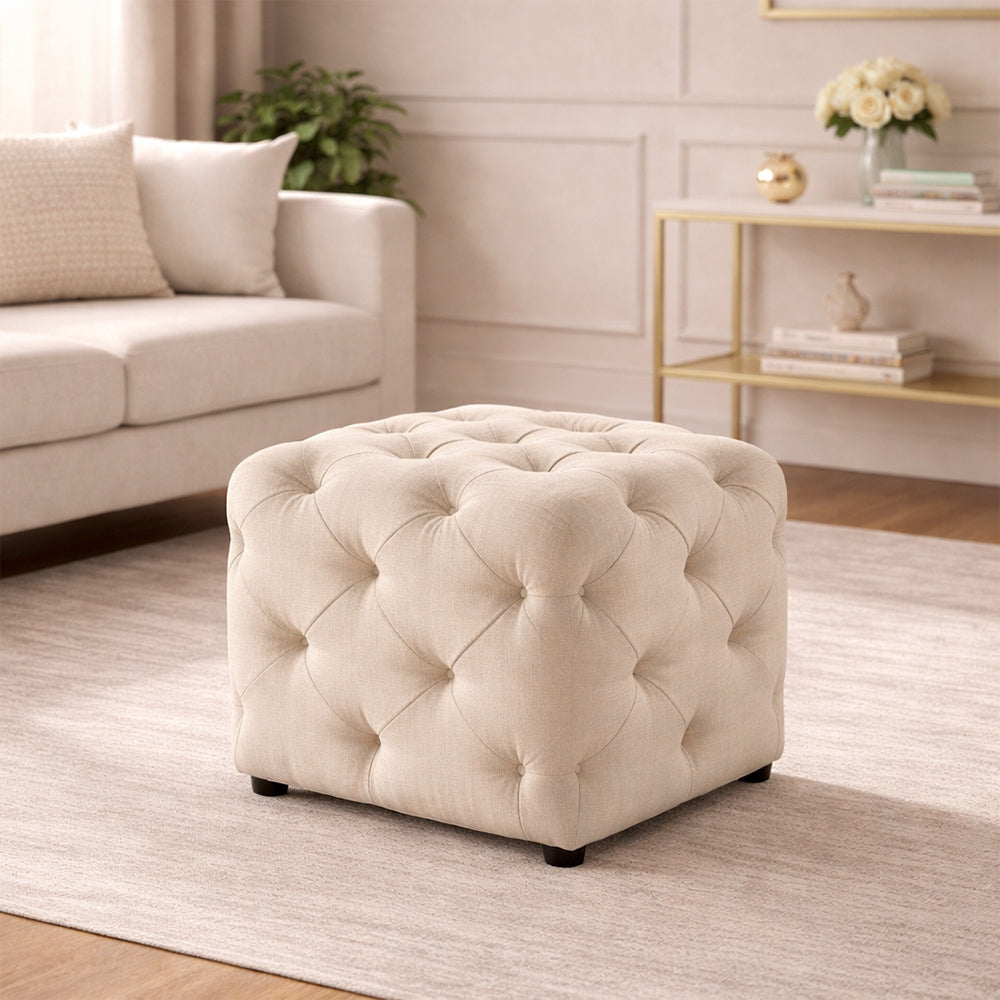 Plush Beige Velvet Tufted Pouf