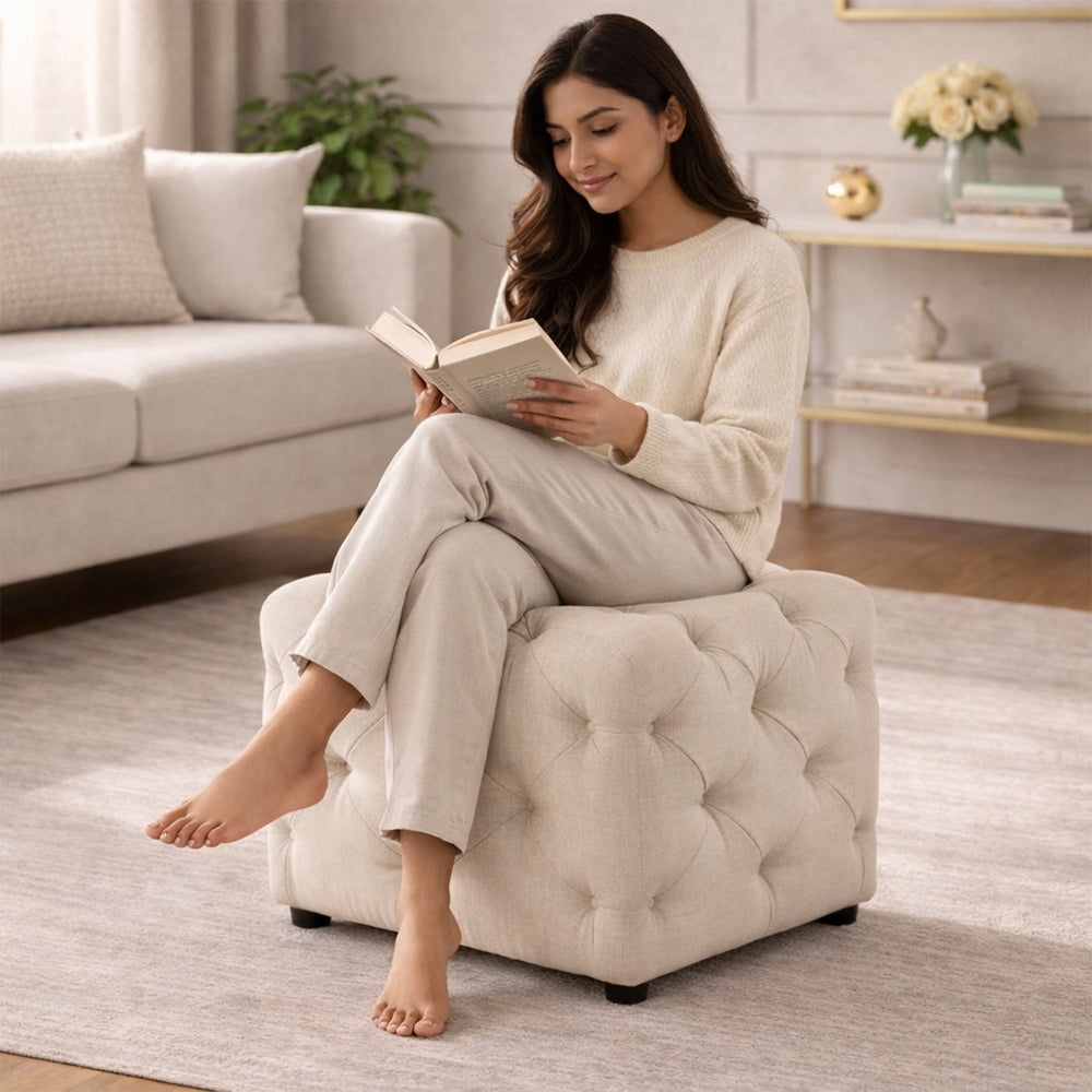 Plush Beige Velvet Tufted Pouf