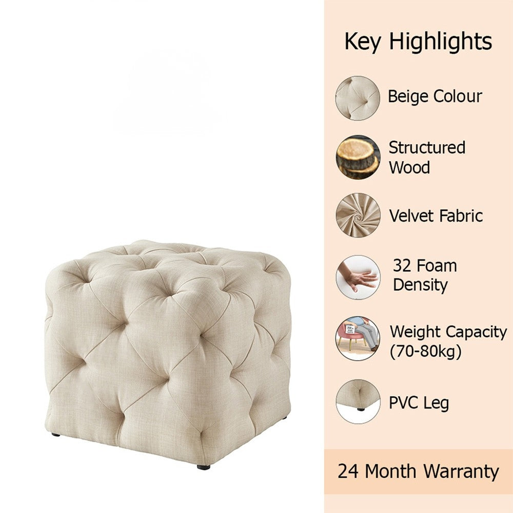 Plush Beige Velvet Tufted Pouf