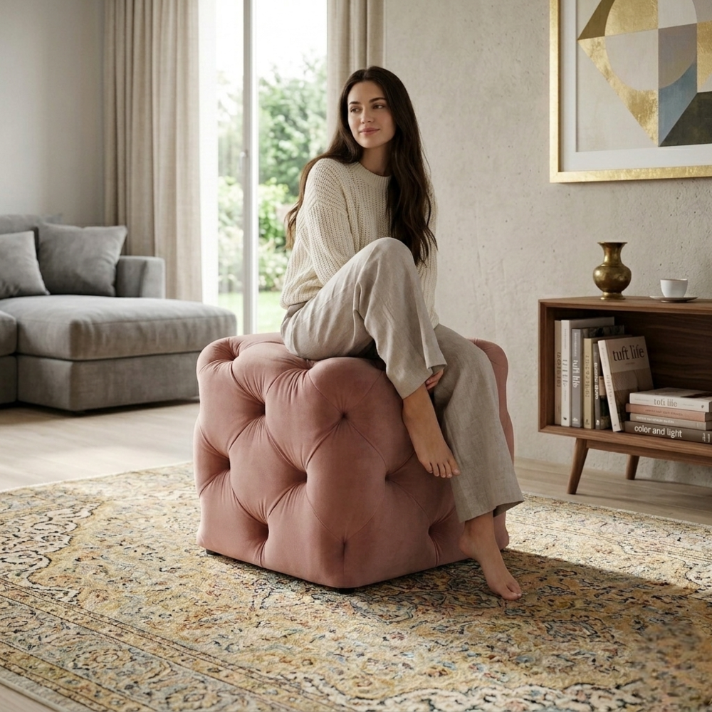 Plush Dusty Pink Velvet Tufted Pouf