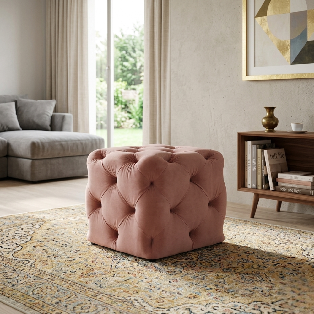 Plush Dusty Pink Velvet Tufted Pouf