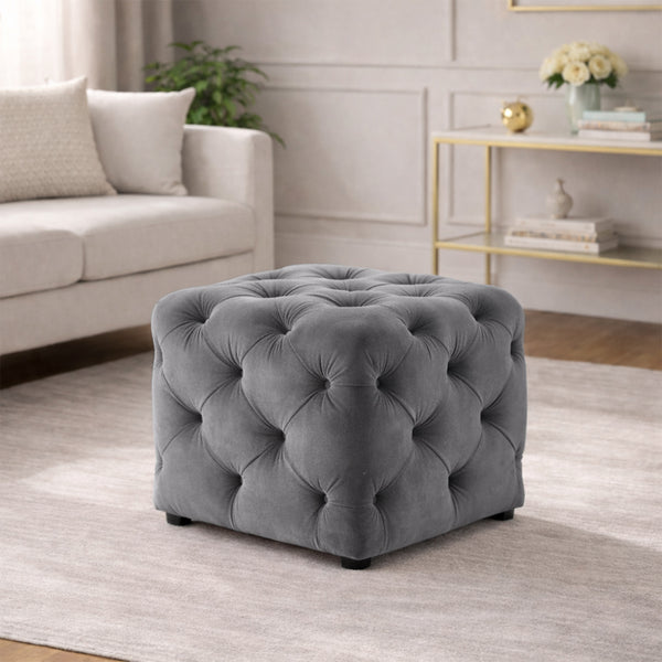 Plush Grey Velvet Tufted Pouf