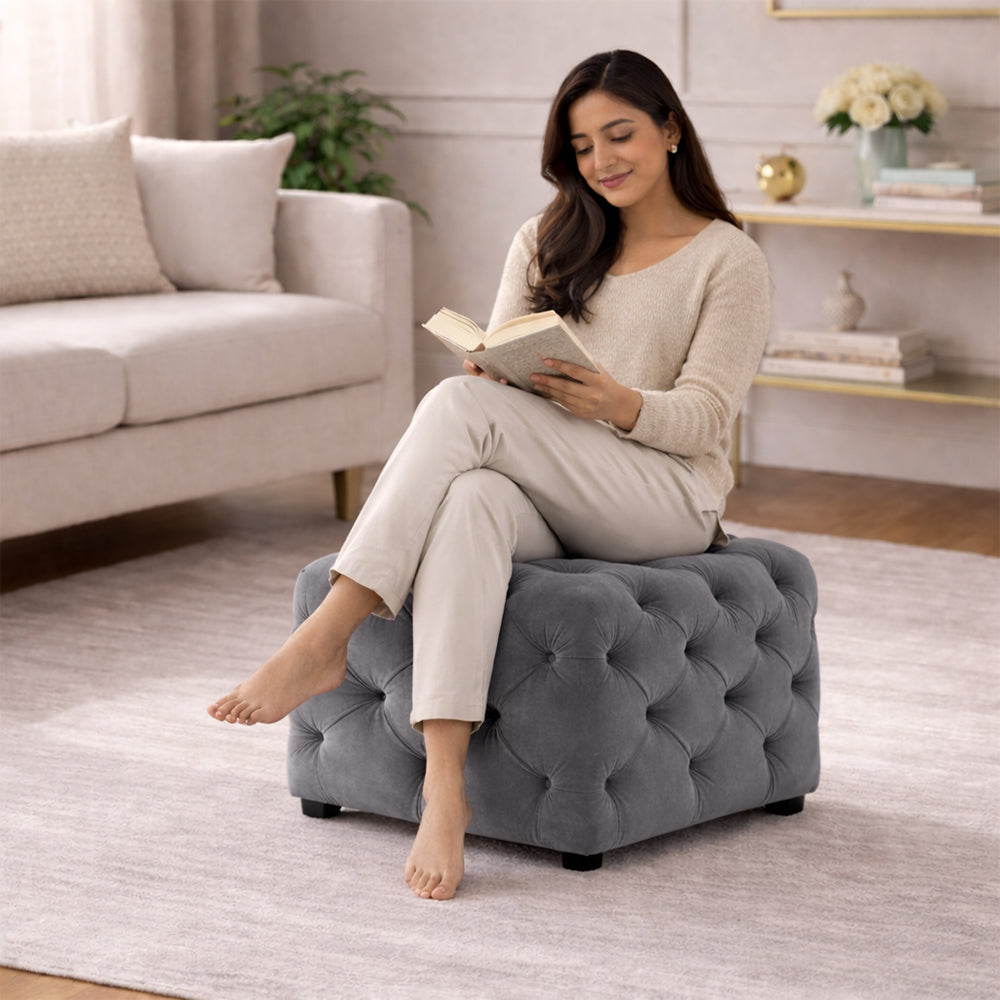 Plush Grey Velvet Tufted Pouf