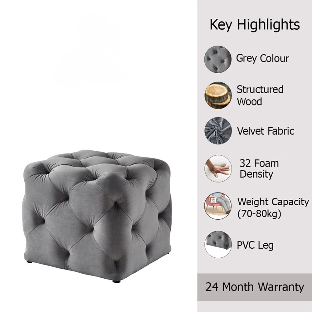 Plush Grey Velvet Tufted Pouf