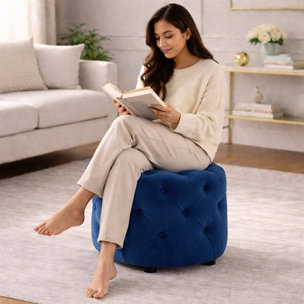 Luxe Blue Velvet Tufted Pouf