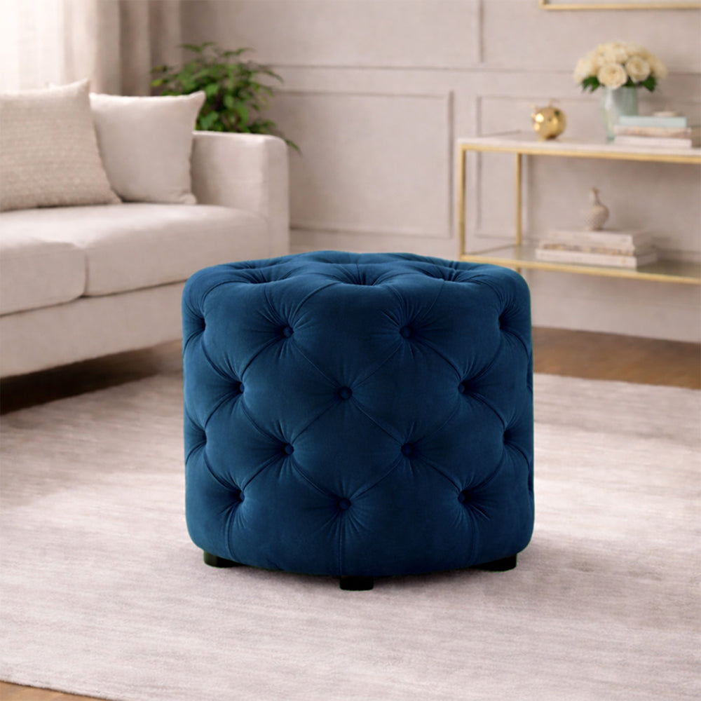 Luxe Blue Velvet Tufted Pouf