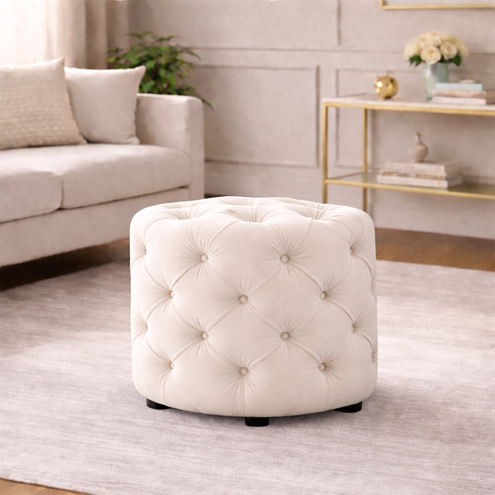 Luxe White Velvet Tufted Pouf