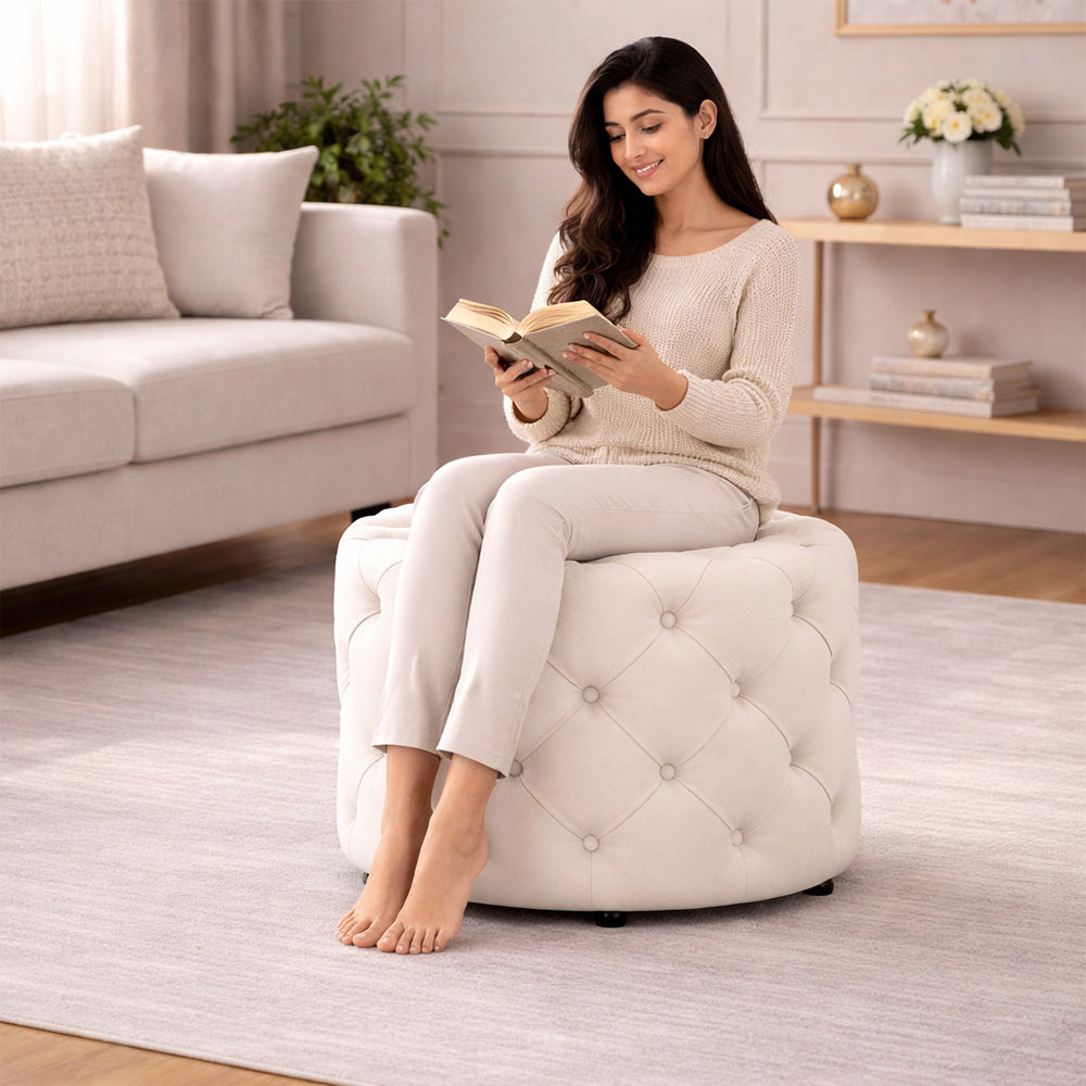 Luxe White Velvet Tufted Pouf