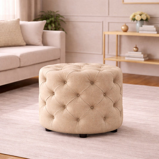 Luxe Beige Velvet Tufted Pouf