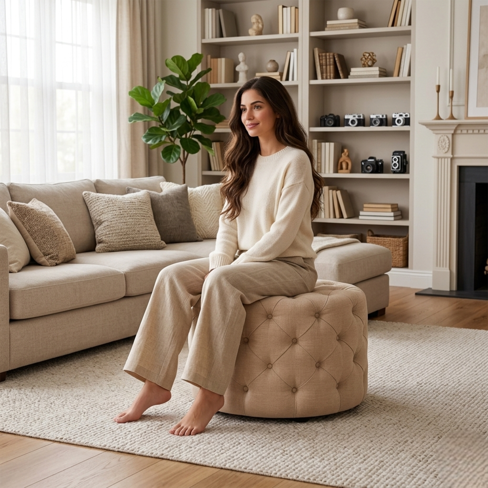 Luxe Beige Velvet Tufted Pouf