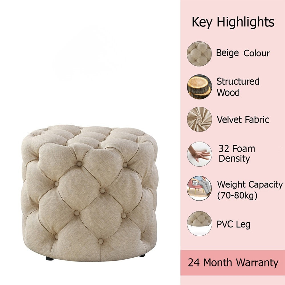 Luxe Beige Velvet Tufted Pouf