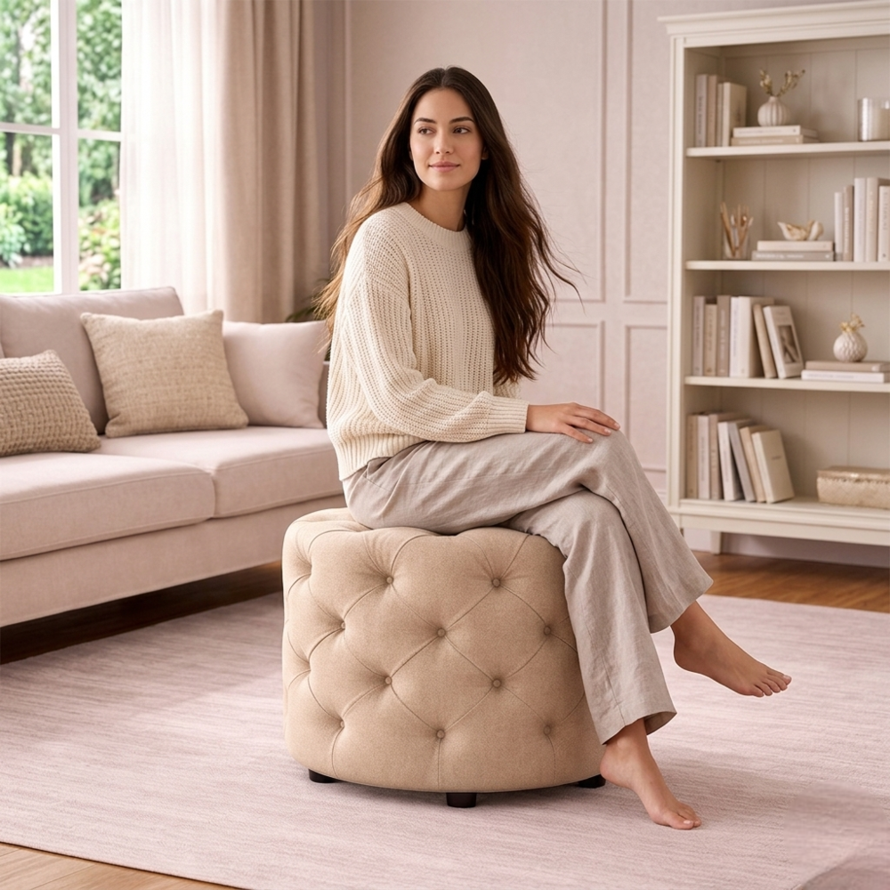 Luxe Beige Velvet Tufted Pouf