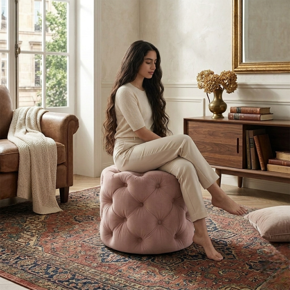Luxe Pink Velvet Tufted Pouf