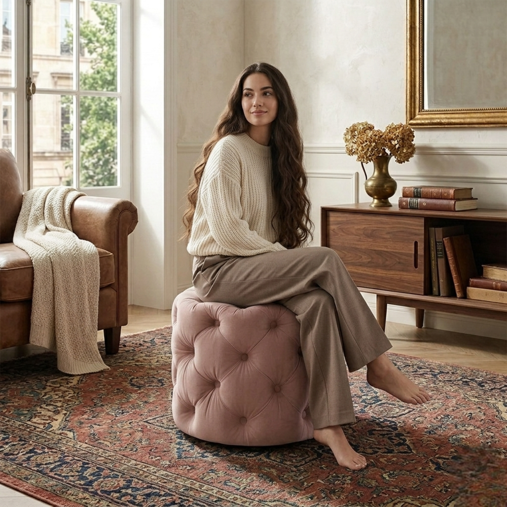 Luxe Pink Velvet Tufted Pouf