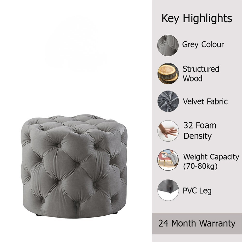 Luxe Grey Velvet Tufted Pouf