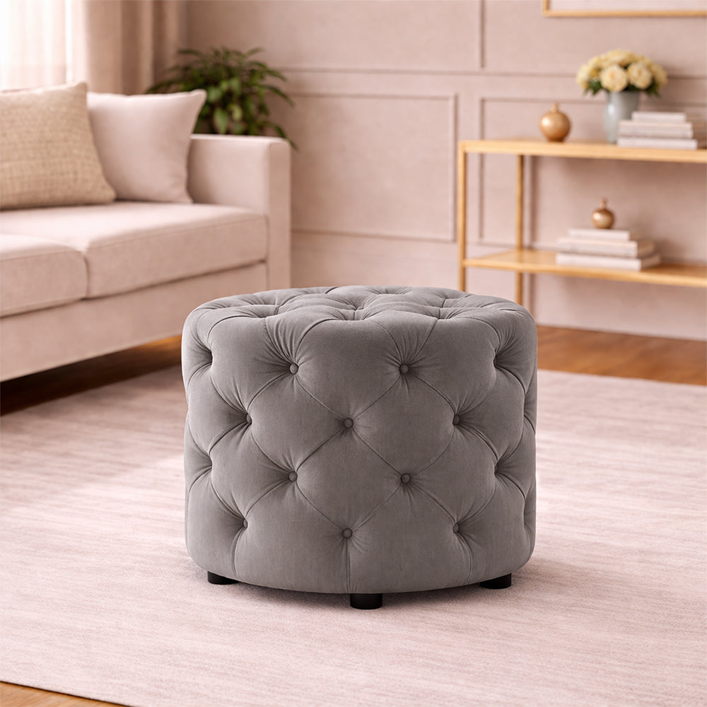 Luxe Grey Velvet Tufted Pouf