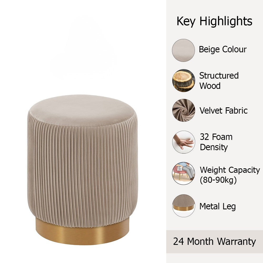 Regal Beige Velvet Round Pouf