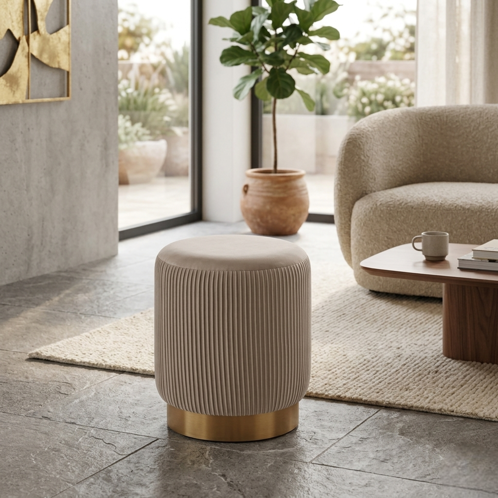Regal Beige Velvet Round Pouf