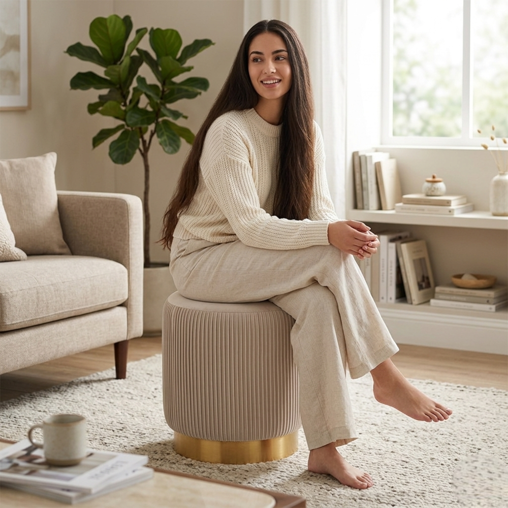 Regal Beige Velvet Round Pouf